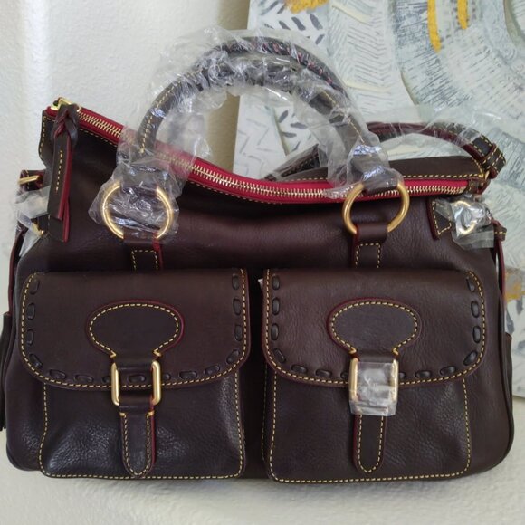 🔥🔥BNWT DOONEY BOURKE FLORENTINE BROWN T'MORO LEATHER DOUBLE POCKET SATCHEL - Picture 1 of 9